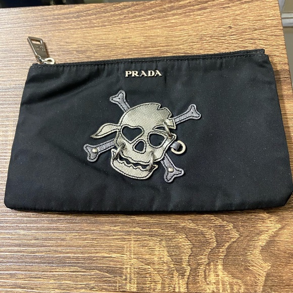 Authentic Prada black nylon silver saffiano skull motif clutch pouch second bag - Picture 1 of 16